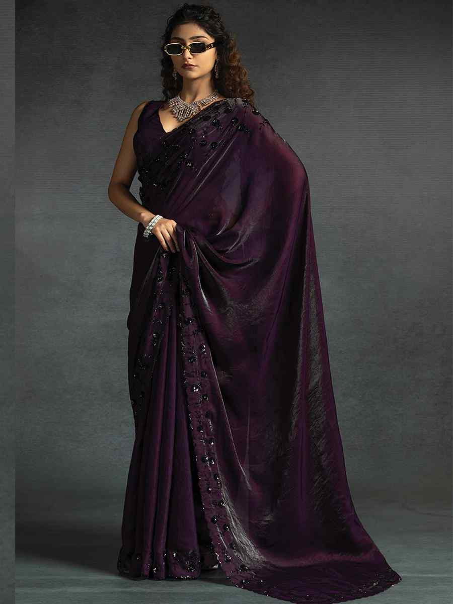 Wine Satin Silk Embroidered Festival Wedding Fancy Heavy Border Saree