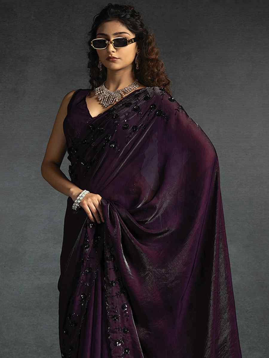 Wine Satin Silk Embroidered Festival Wedding Fancy Heavy Border Saree
