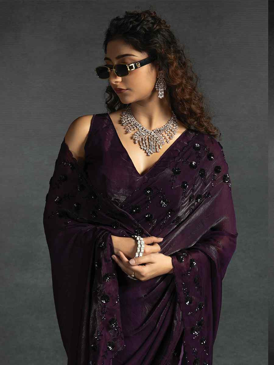 Wine Satin Silk Embroidered Festival Wedding Fancy Heavy Border Saree