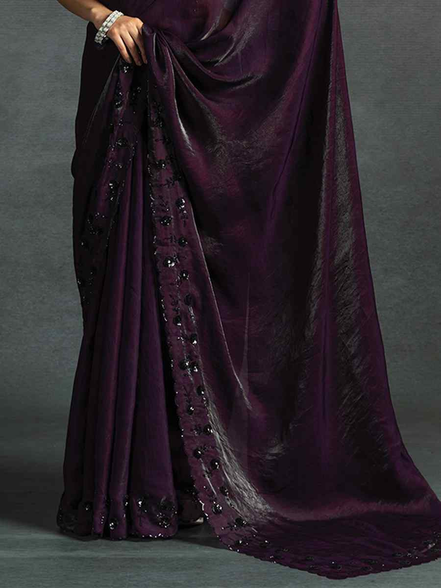 Wine Satin Silk Embroidered Festival Wedding Fancy Heavy Border Saree