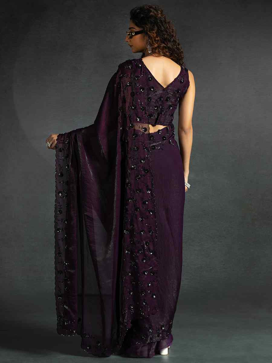 Wine Satin Silk Embroidered Festival Wedding Fancy Heavy Border Saree