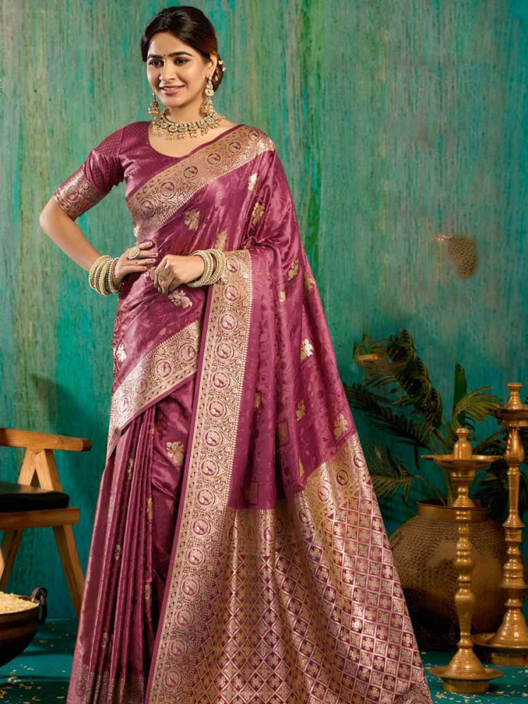 Image of Wine Satin Silk Handwoven Casual Reception Festival Wedding Fancy Classic Style Sarees