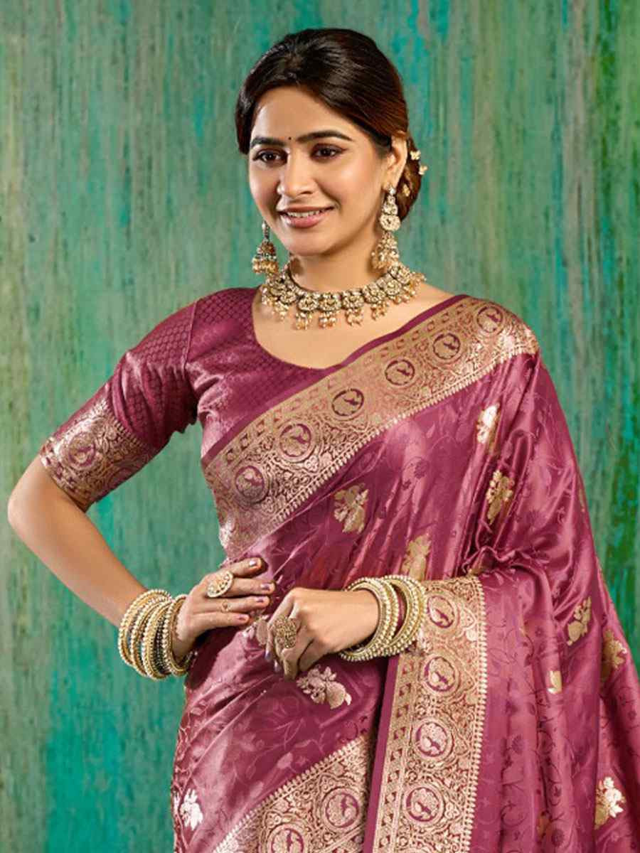 Wine Satin Silk Handwoven Casual Reception Festival Wedding Fancy Classic Style Sarees