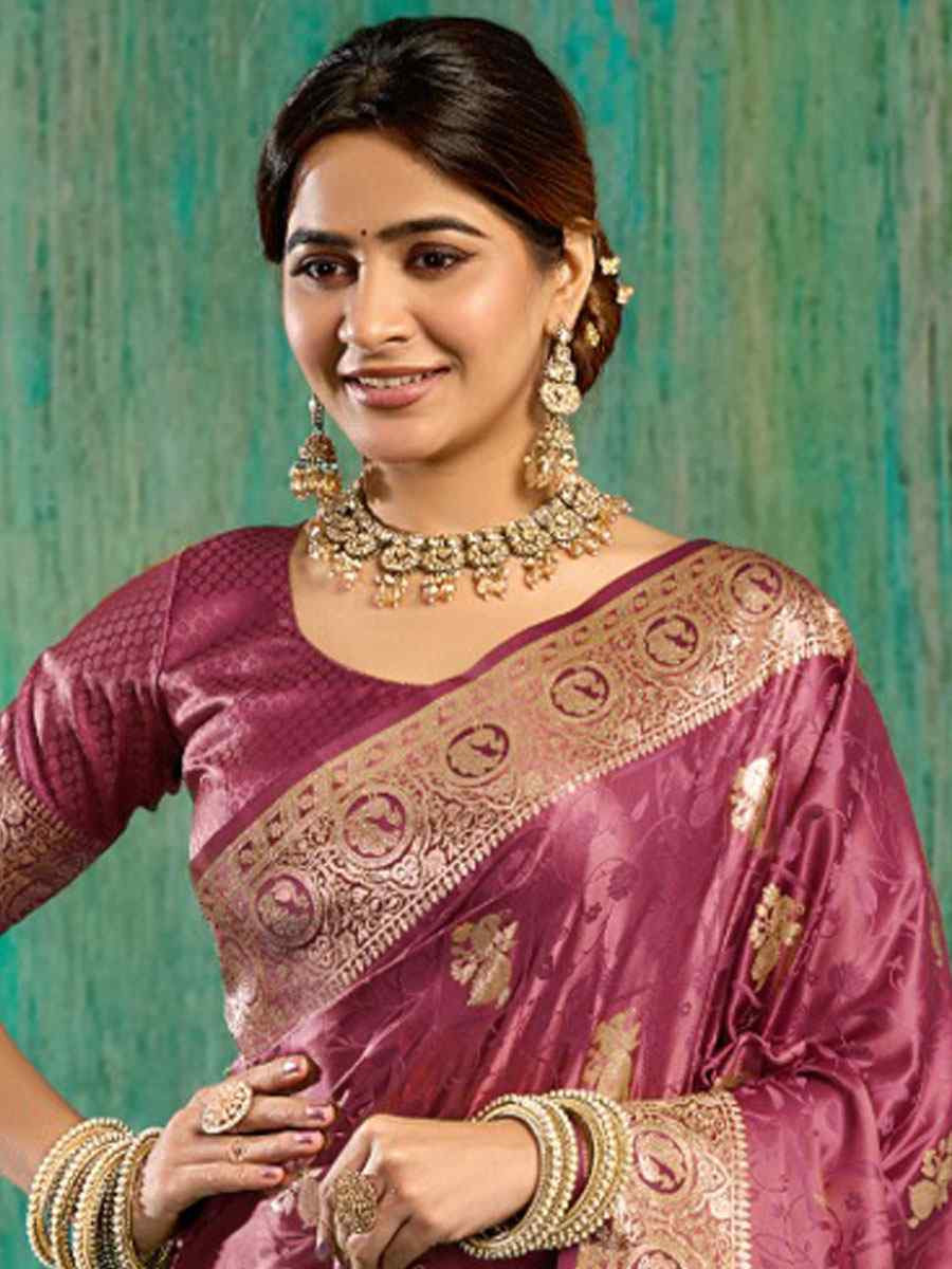 Wine Satin Silk Handwoven Casual Reception Festival Wedding Fancy Classic Style Sarees