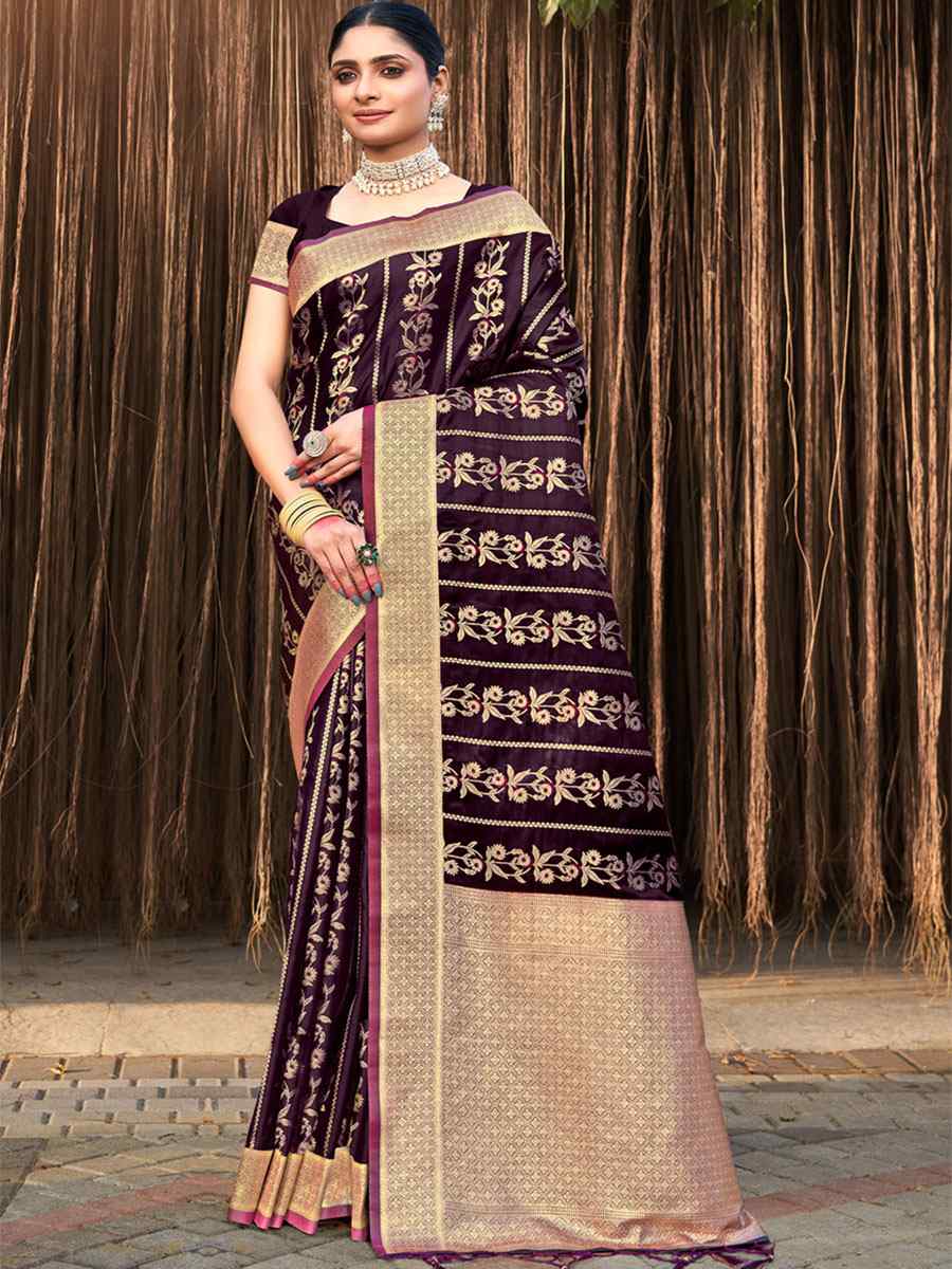 Wine Satin Silk Handwoven Wedding Festival Heavy Border Saree