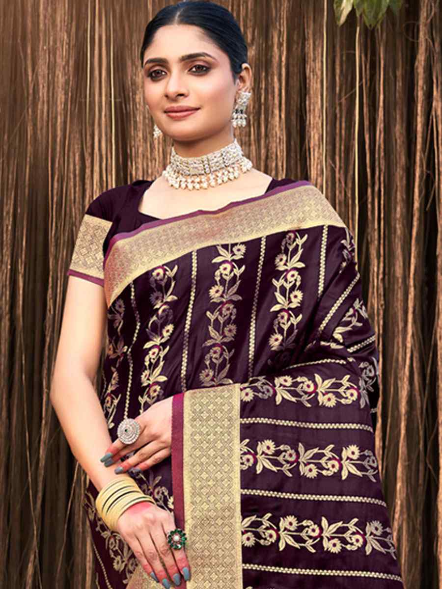 Wine Satin Silk Handwoven Wedding Festival Heavy Border Saree