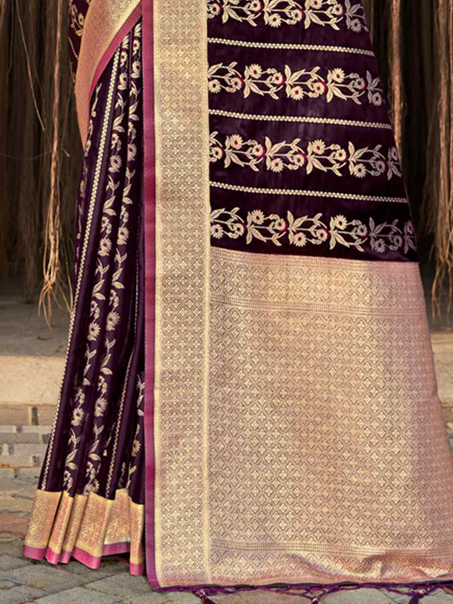 Wine Satin Silk Handwoven Wedding Festival Heavy Border Saree