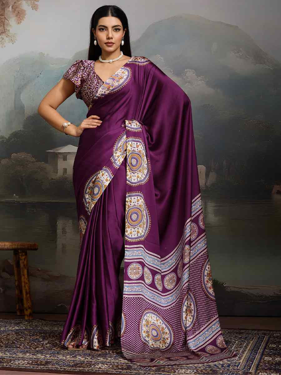 Wine Satin Silk Printed Traditional Casual Reception Festival Wedding Fancy Heavy Border Saree