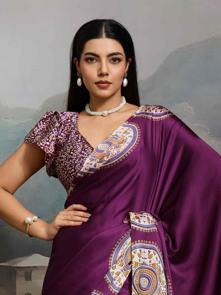 Wine Satin Silk Printed Traditional Casual Reception Festival Wedding Fancy Heavy Border Saree