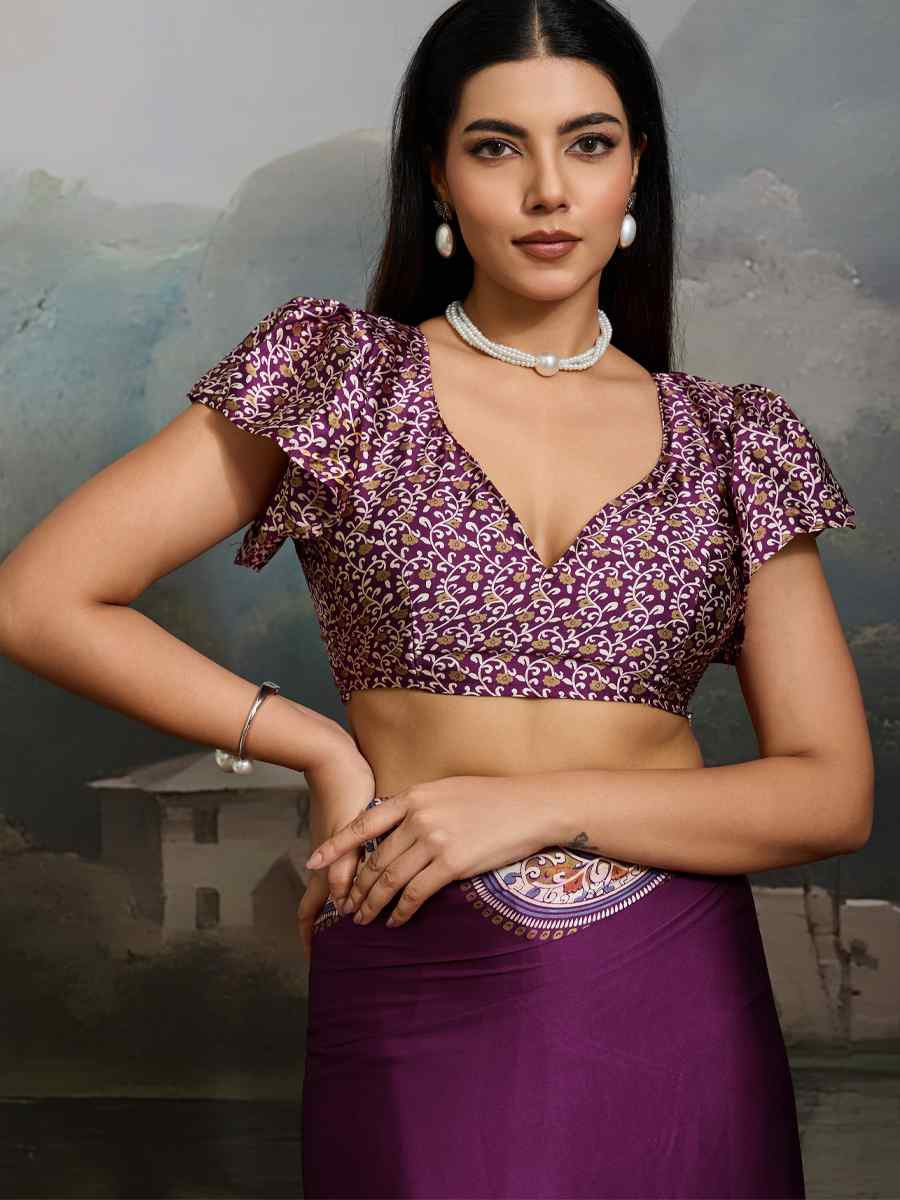 Wine Satin Silk Printed Traditional Casual Reception Festival Wedding Fancy Heavy Border Saree