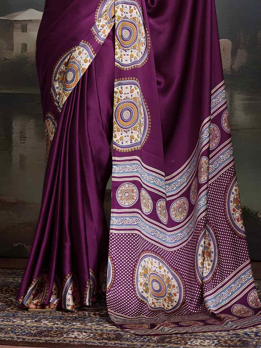 Wine Satin Silk Printed Traditional Casual Reception Festival Wedding Fancy Heavy Border Saree