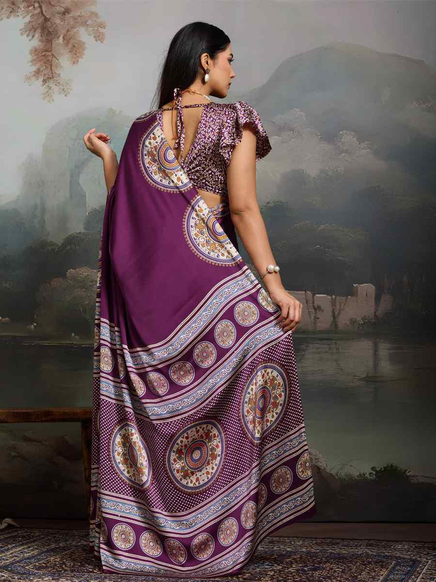 Wine Satin Silk Printed Traditional Casual Reception Festival Wedding Fancy Heavy Border Saree