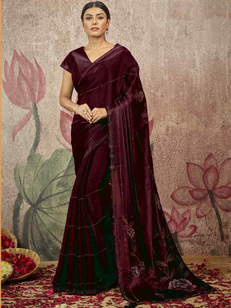 Wine Satin Silk Sequins Wedding Festival Classic Style Saree