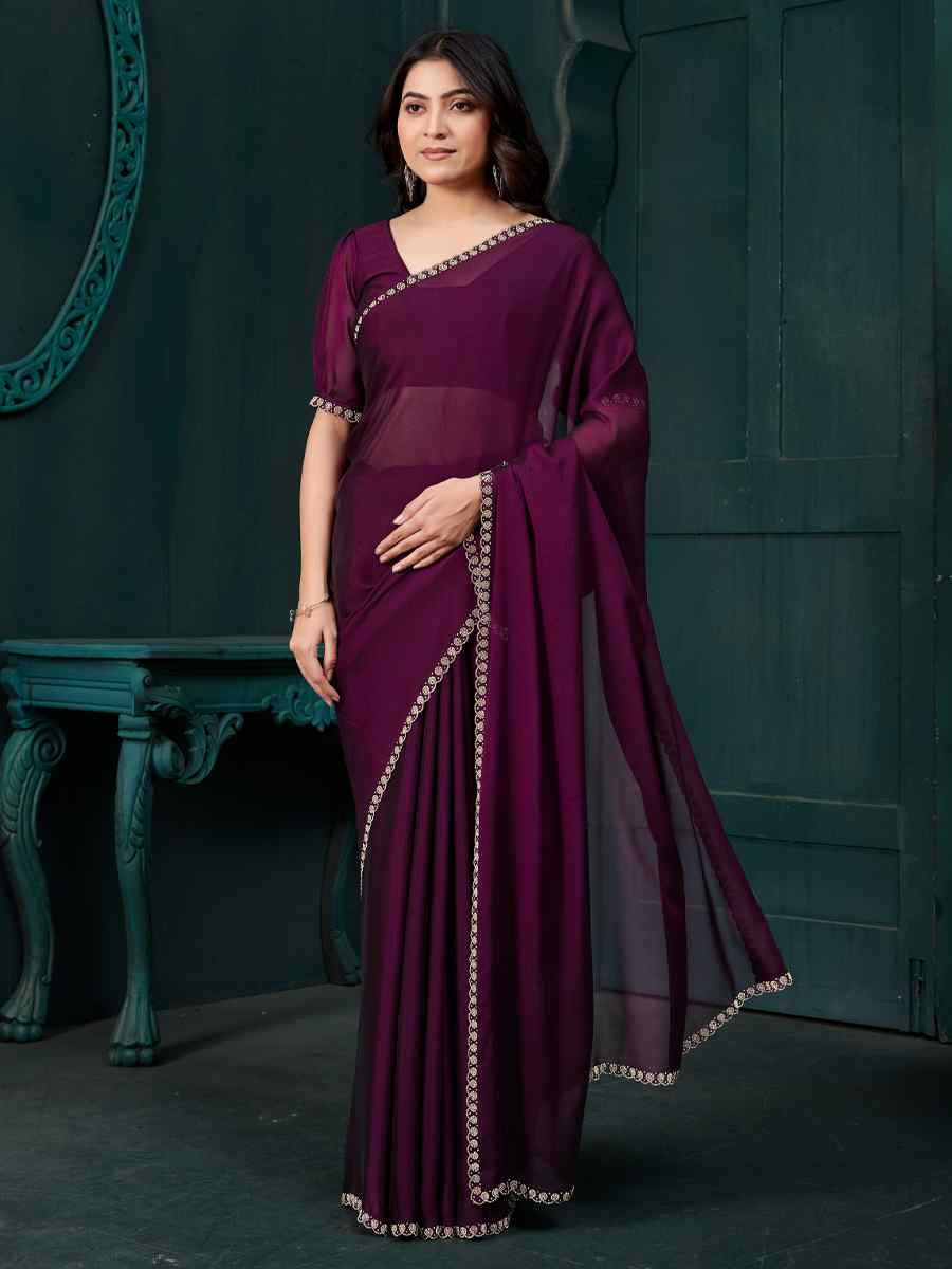 Wine Satin Silk Solid Festival Wedding Fancy Heavy Border Saree