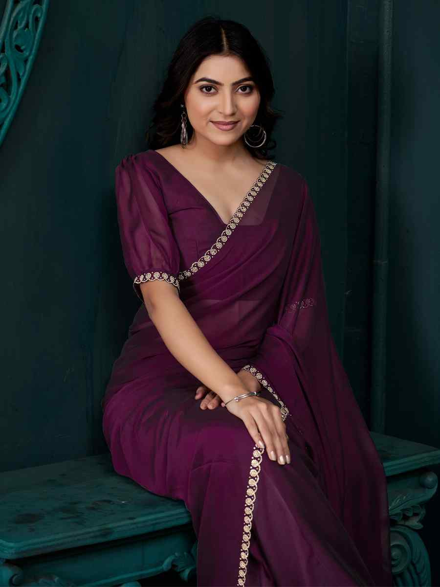 Wine Satin Silk Solid Festival Wedding Fancy Heavy Border Saree