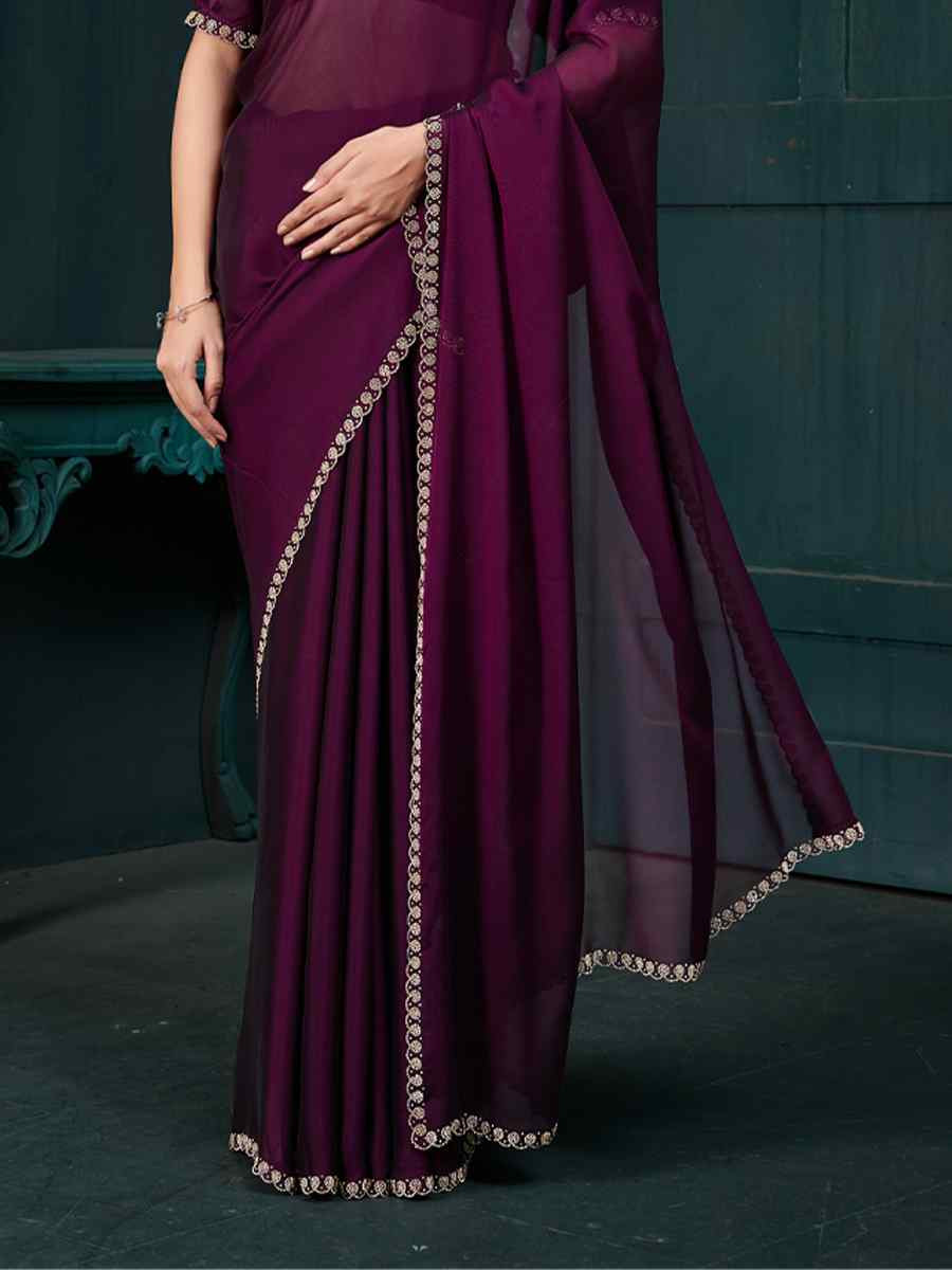 Wine Satin Silk Solid Festival Wedding Fancy Heavy Border Saree
