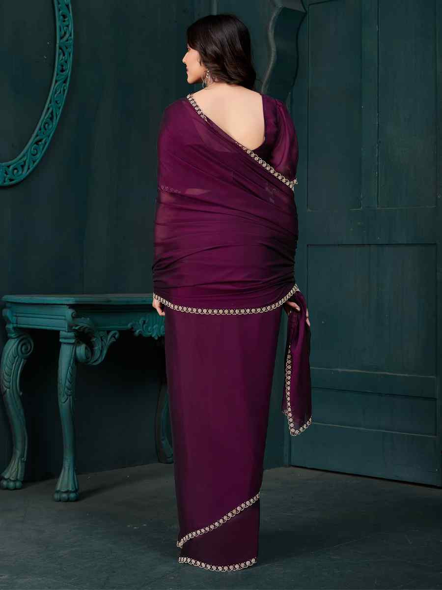 Wine Satin Silk Solid Festival Wedding Fancy Heavy Border Saree