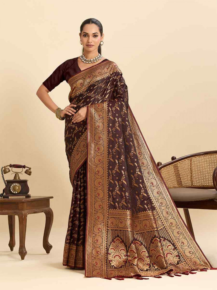 Image of Wine Satin Silk Zari Handwoven Bridal Reception Festival Wedding Fancy Heavy Border Saree