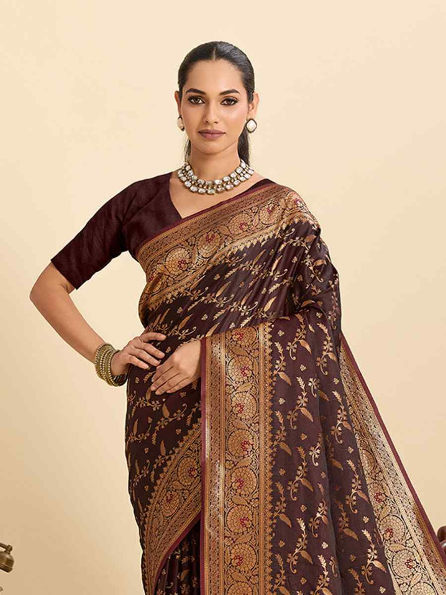 Wine Satin Silk Zari Handwoven Bridal Reception Festival Wedding Fancy Heavy Border Saree