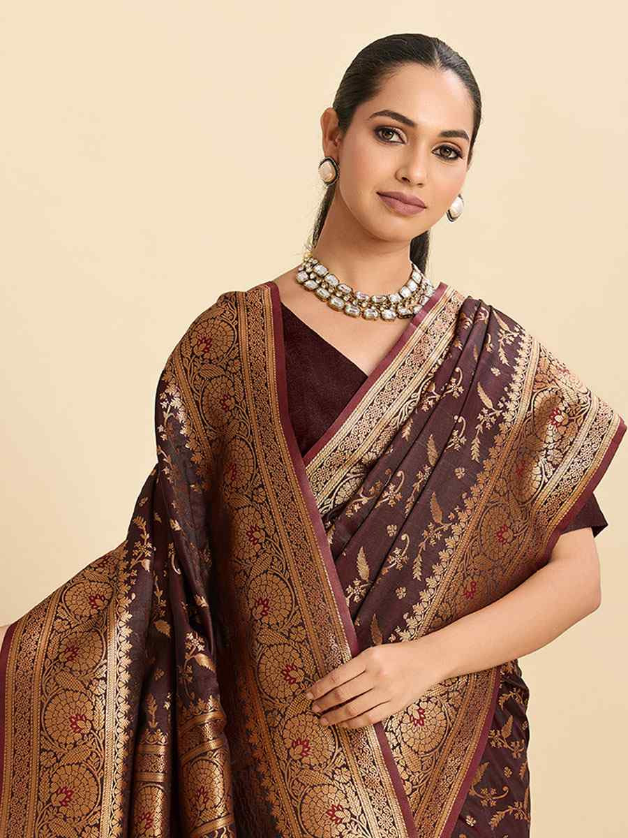 Wine Satin Silk Zari Handwoven Bridal Reception Festival Wedding Fancy Heavy Border Saree