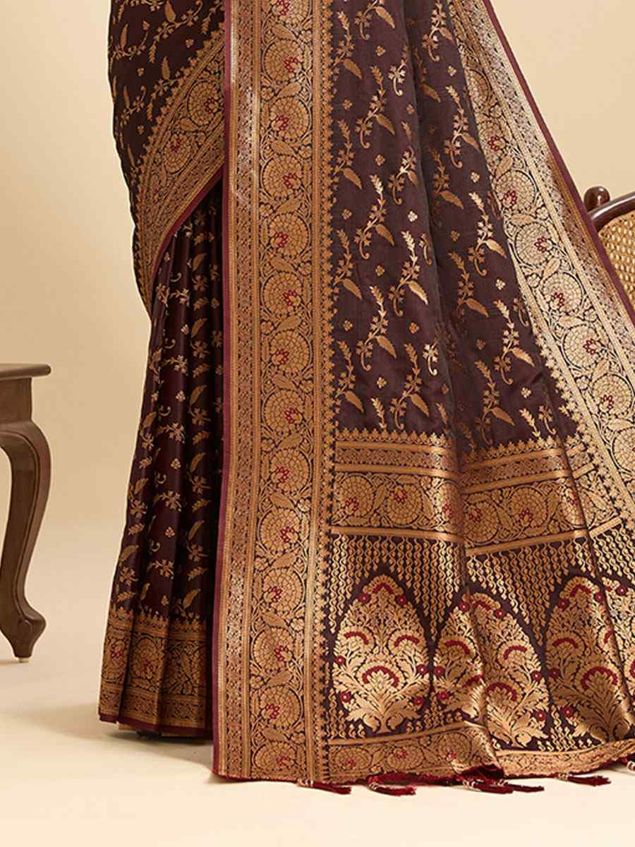 Wine Satin Silk Zari Handwoven Bridal Reception Festival Wedding Fancy Heavy Border Saree