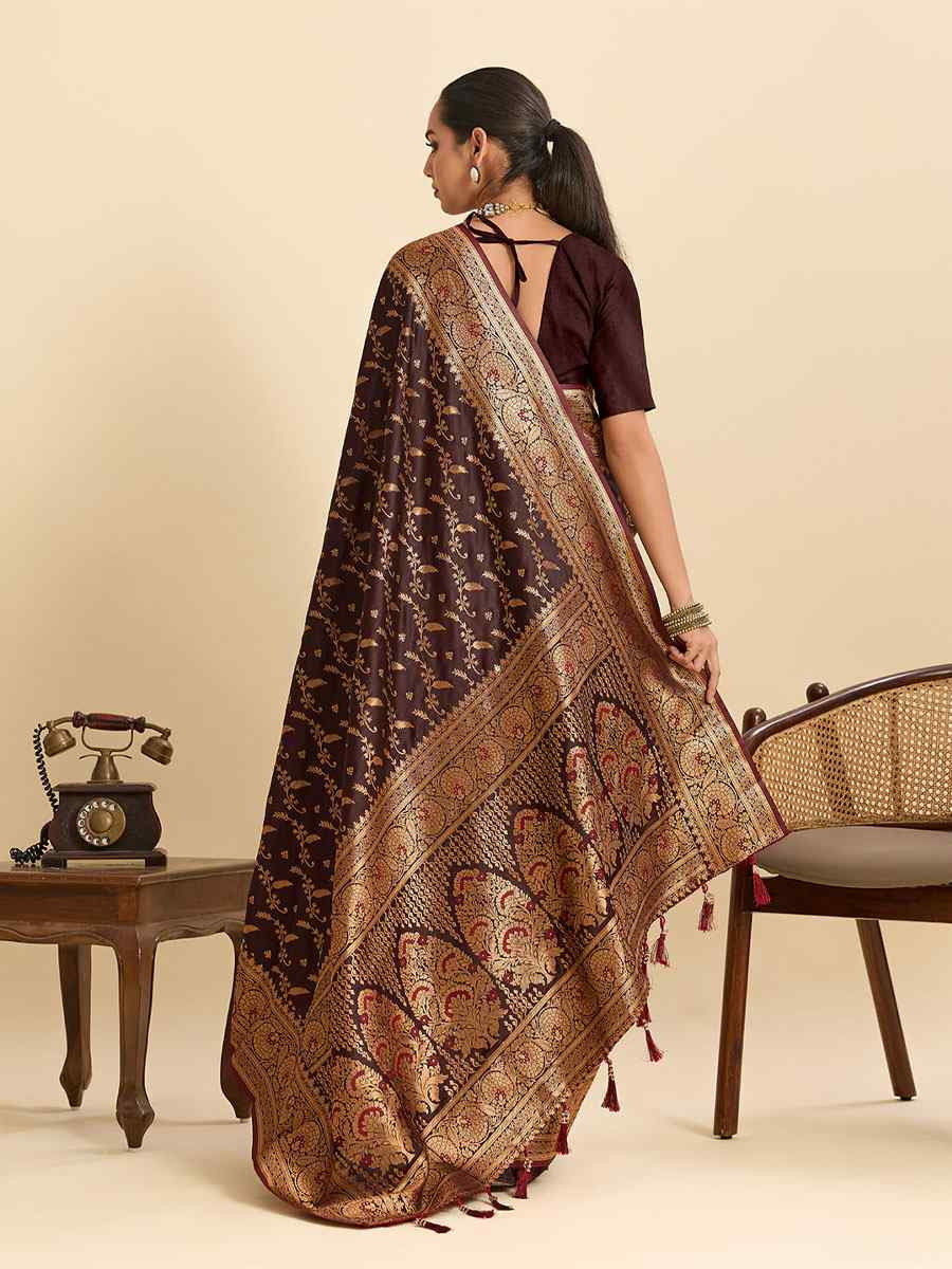 Wine Satin Silk Zari Handwoven Bridal Reception Festival Wedding Fancy Heavy Border Saree