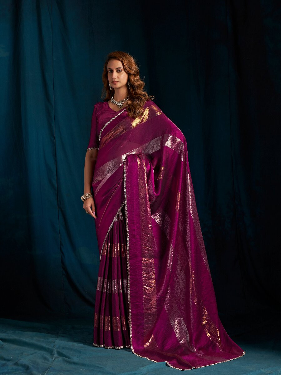 Wine Satin silk Zircon Stone Wedding Reception Party Festival Casual Classic Style Sarees