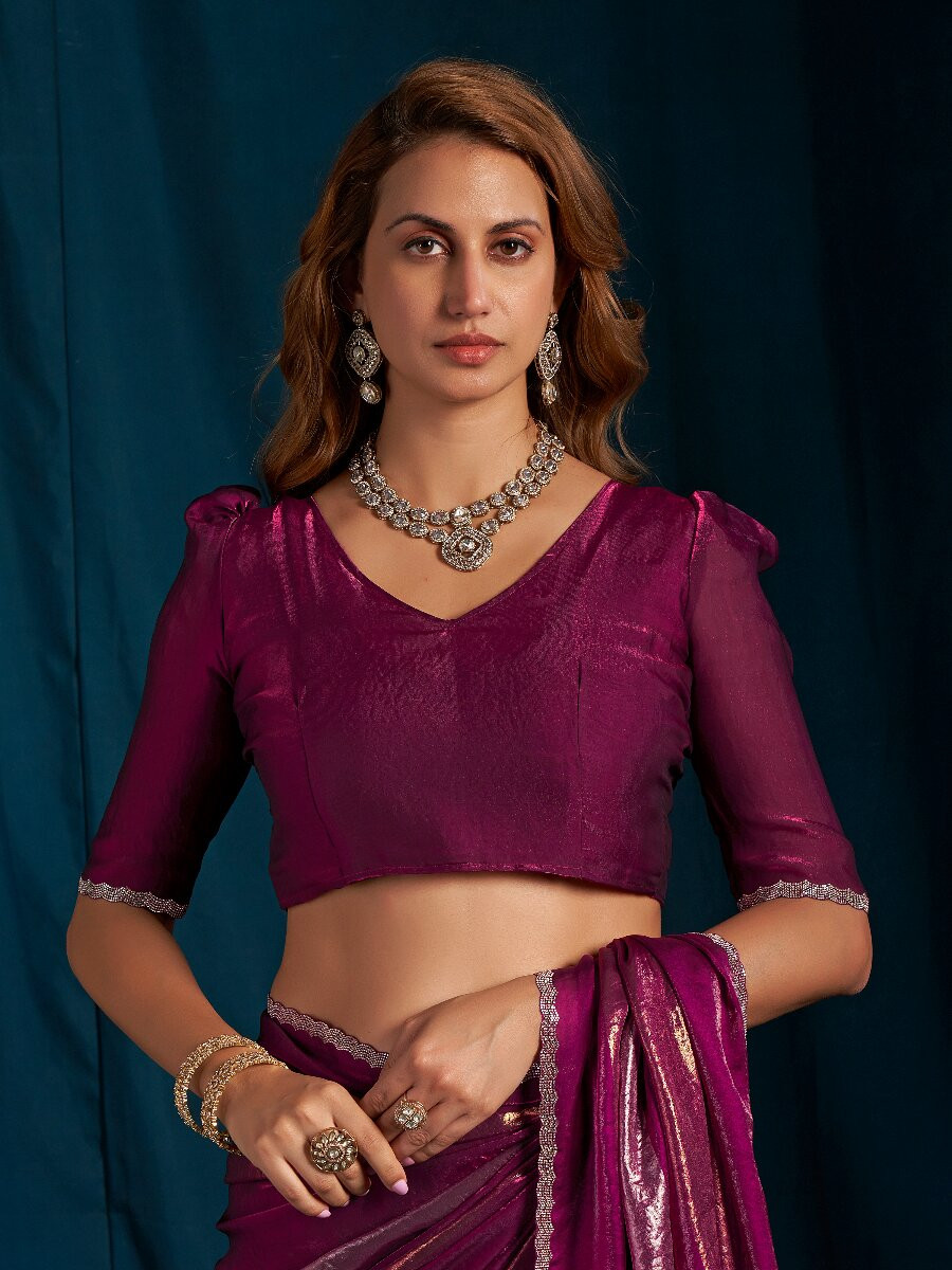 Wine Satin silk Zircon Stone Wedding Reception Party Festival Casual Classic Style Sarees