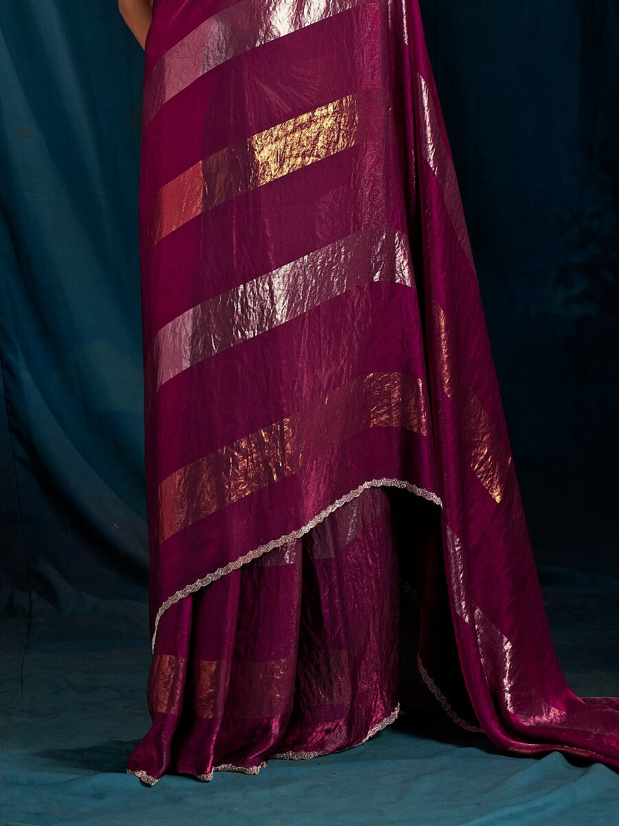 Wine Satin silk Zircon Stone Wedding Reception Party Festival Casual Classic Style Sarees