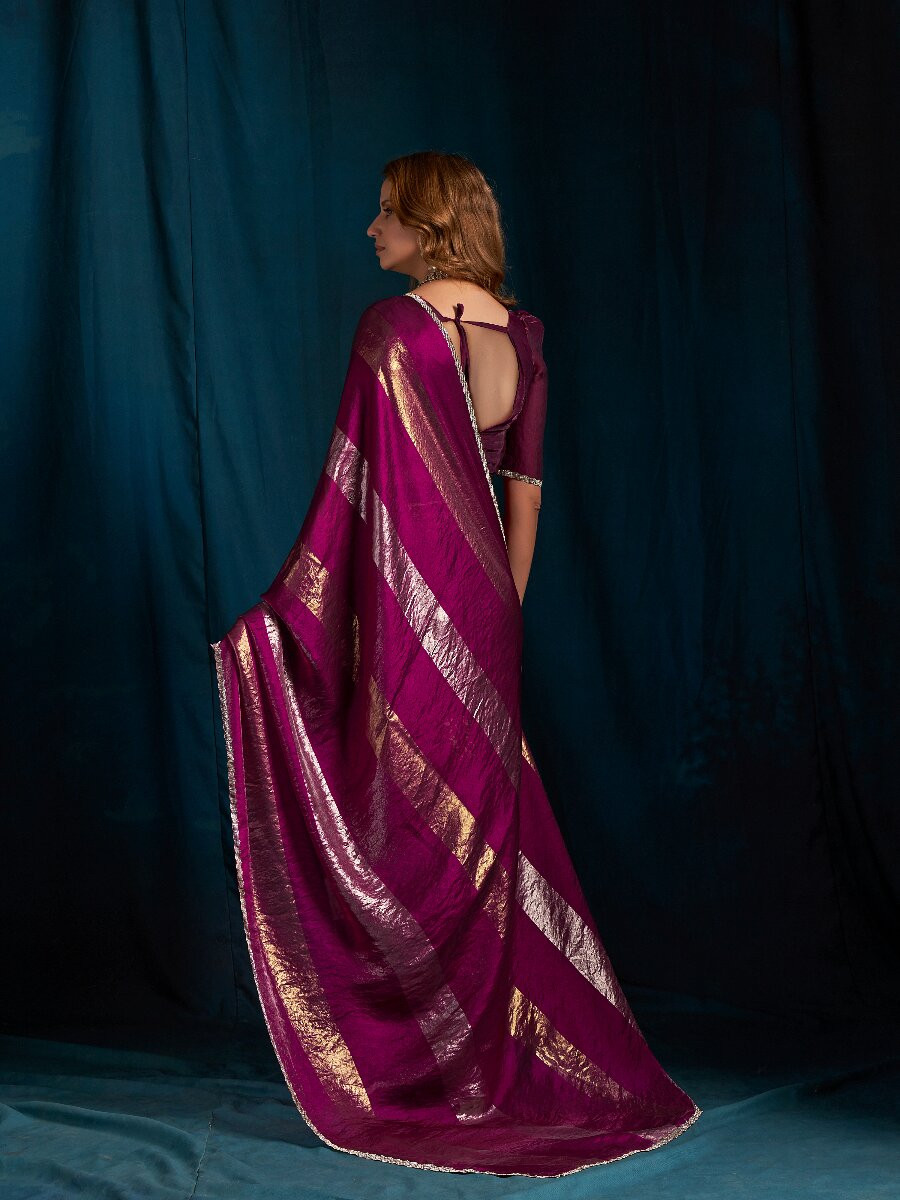 Wine Satin silk Zircon Stone Wedding Reception Party Festival Casual Classic Style Sarees