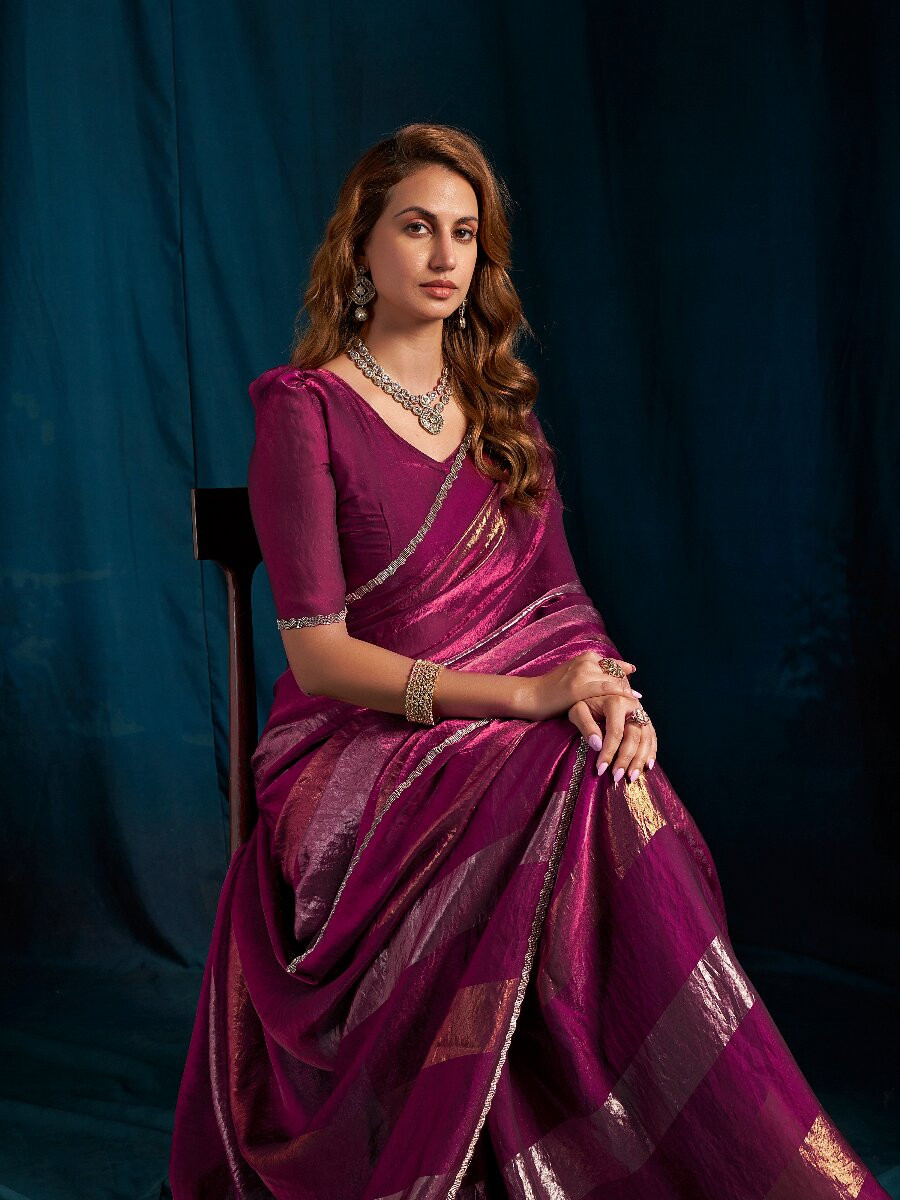 Wine Satin silk Zircon Stone Wedding Reception Party Festival Casual Classic Style Sarees