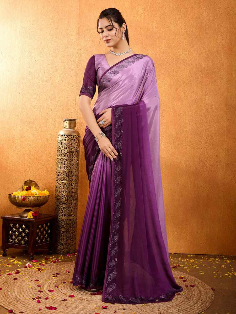 Wine Shaded Chinon Printed Festival Casual Heavy Border Saree