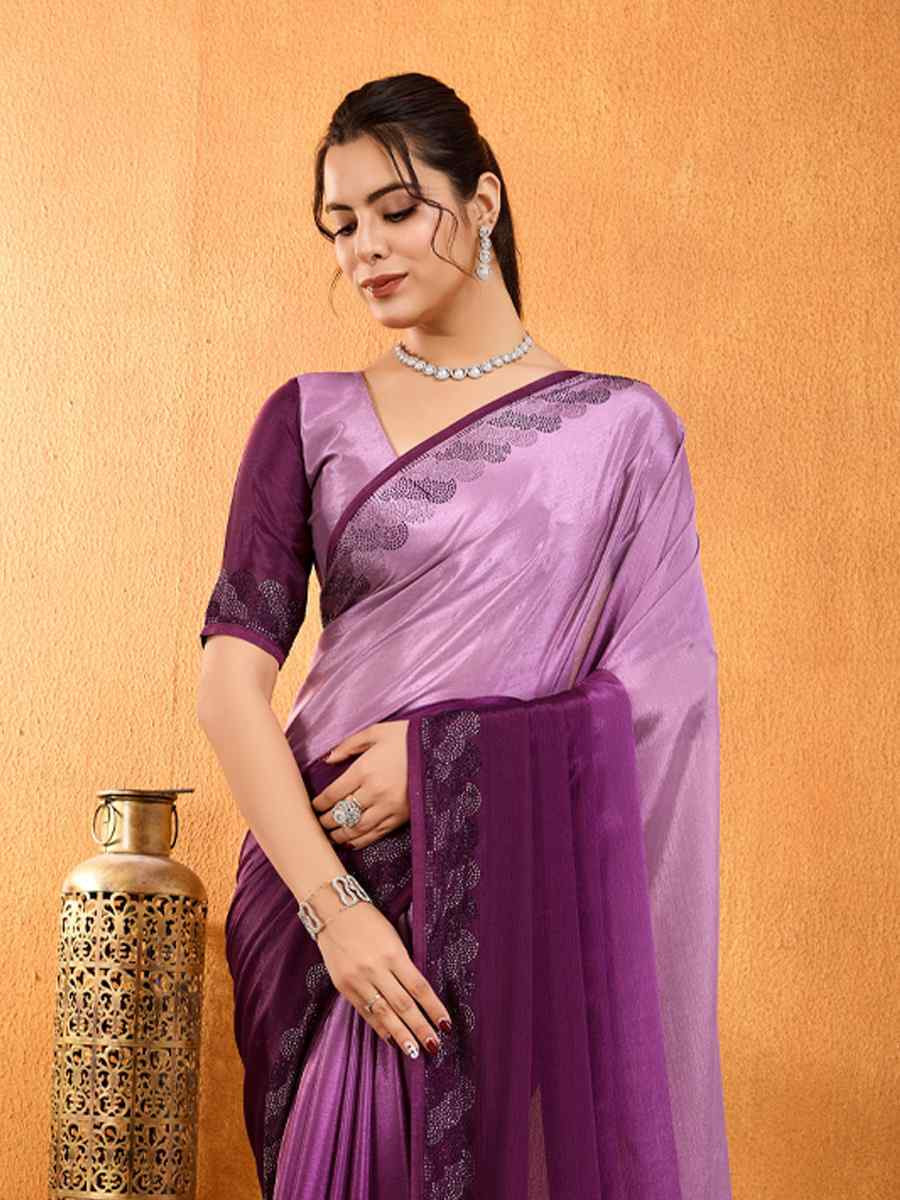 Wine Shaded Chinon Printed Festival Casual Heavy Border Saree