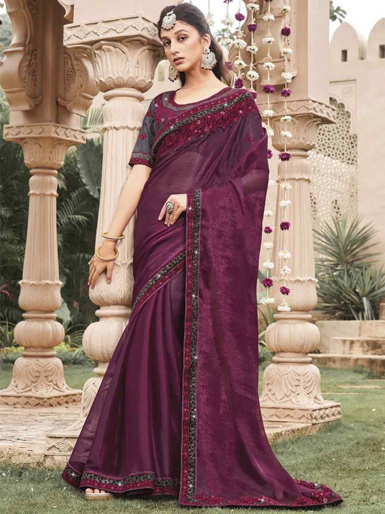 Wine Shimmer Embroidery Party Reception Classic Style Saree