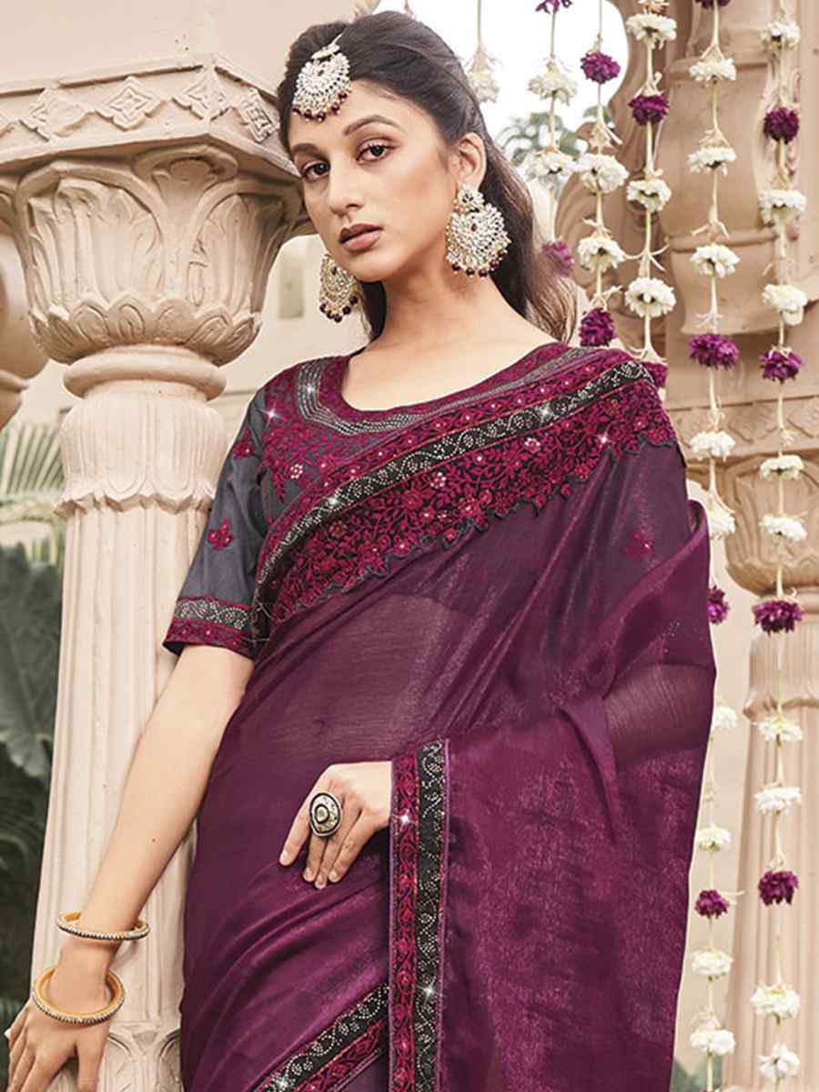 Wine Shimmer Embroidery Party Reception Classic Style Saree