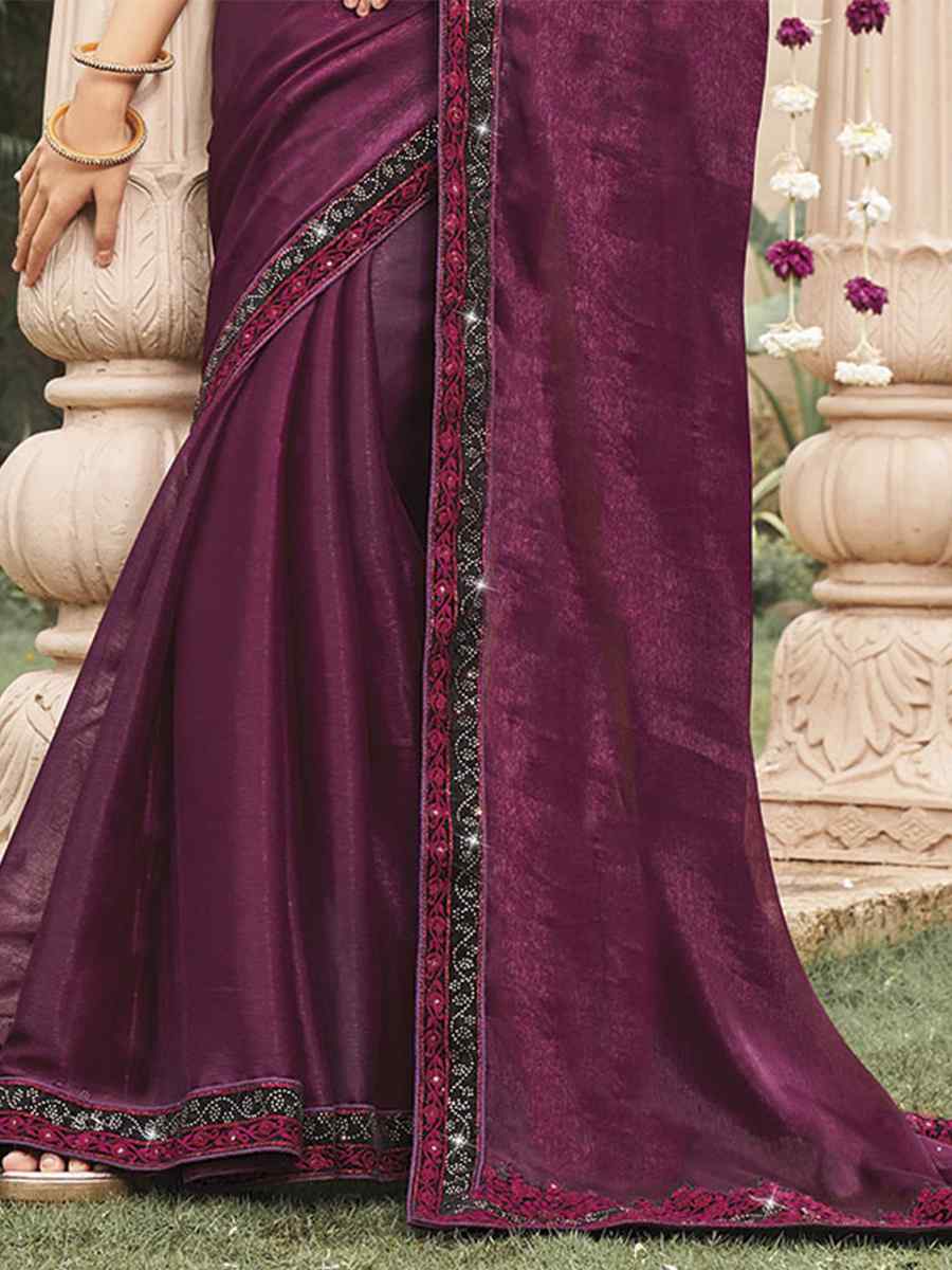 Wine Shimmer Embroidery Party Reception Classic Style Saree