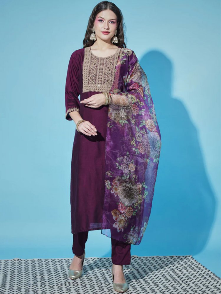 Wine Silk Blend Embroidered Festival Casual Ready Pant Salwar Kameez