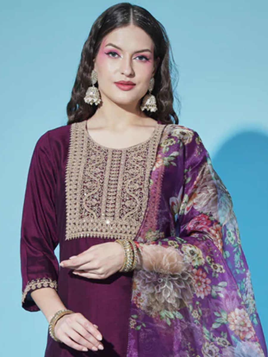 Wine Silk Blend Embroidered Festival Casual Ready Pant Salwar Kameez