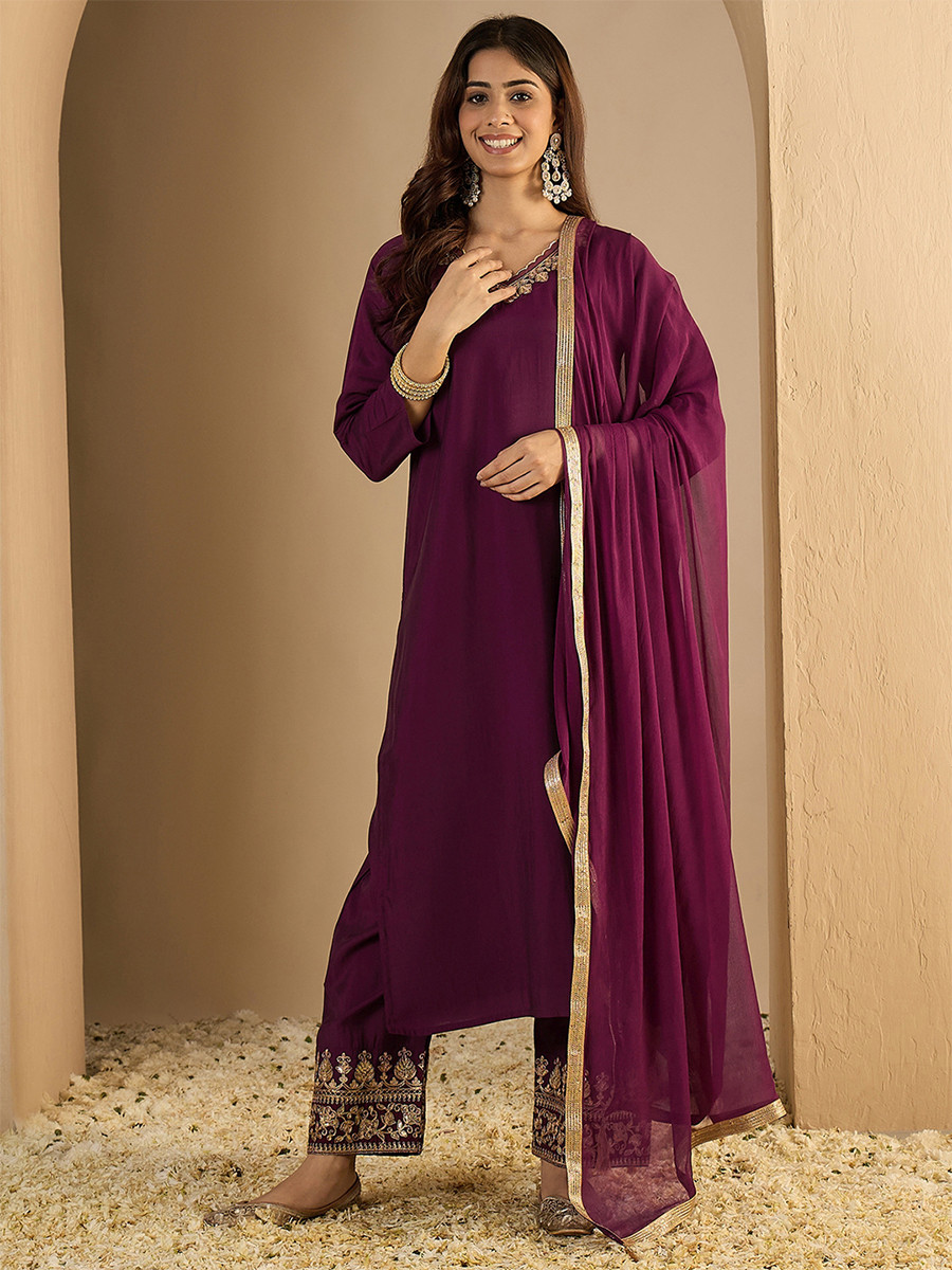 Wine Silk Blend Embroidery Wedding Party Festival Casual Ready Pant Salwar Kameez