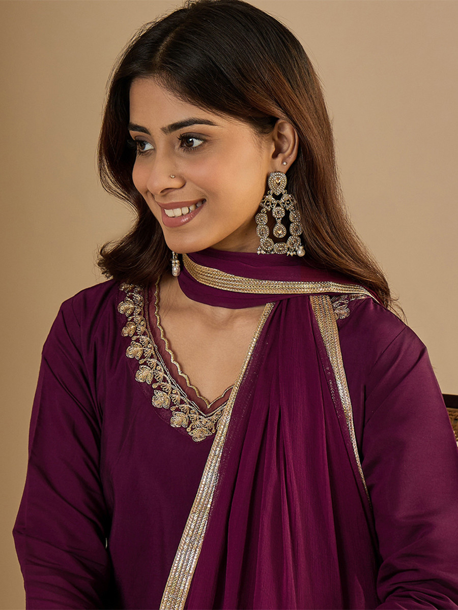 Wine Silk Blend Embroidery Wedding Party Festival Casual Ready Pant Salwar Kameez