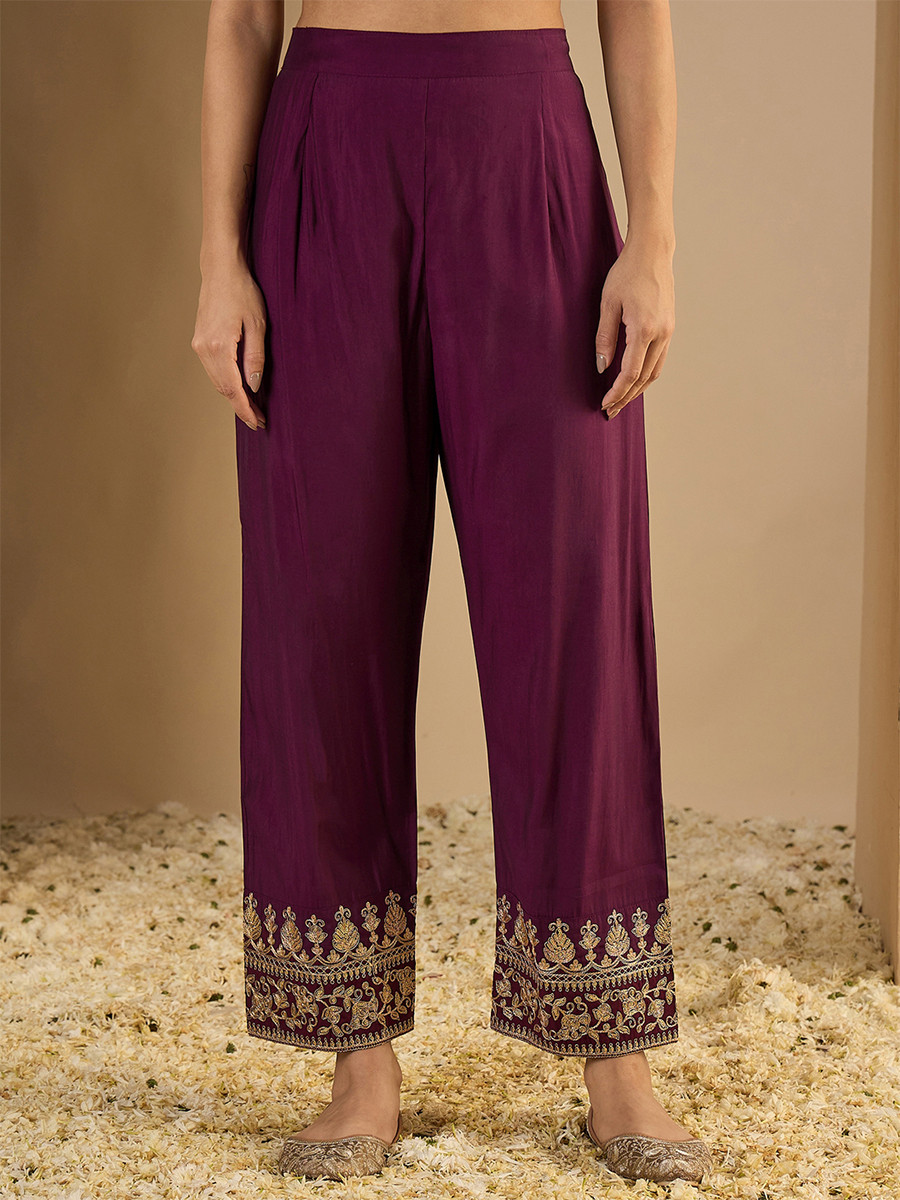 Wine Silk Blend Embroidery Wedding Party Festival Casual Ready Pant Salwar Kameez