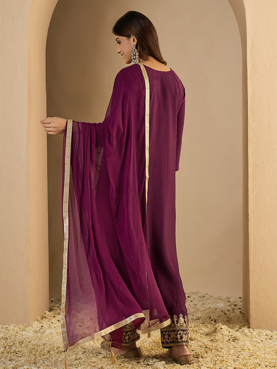 Wine Silk Blend Embroidery Wedding Party Festival Casual Ready Pant Salwar Kameez