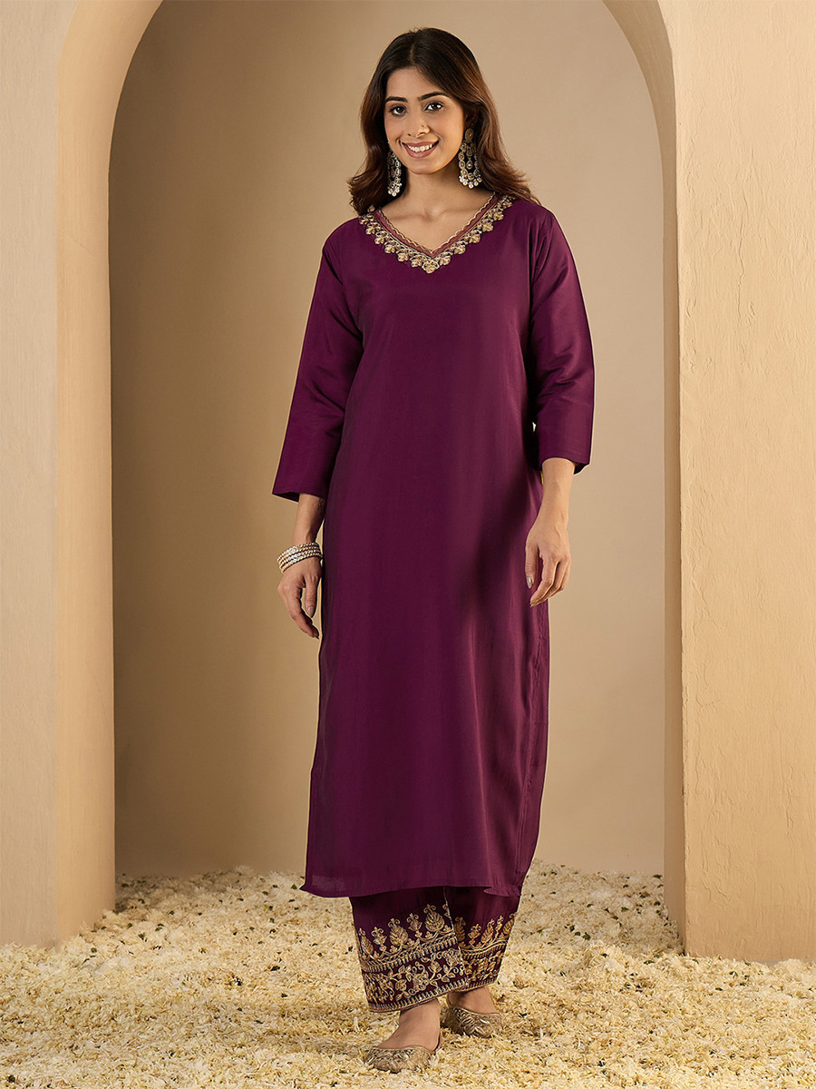 Wine Silk Blend Embroidery Wedding Party Festival Casual Ready Pant Salwar Kameez