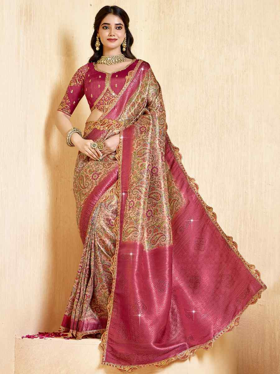 Wine Silk Embroidered Festival Wedding Fancy Heavy Border Saree
