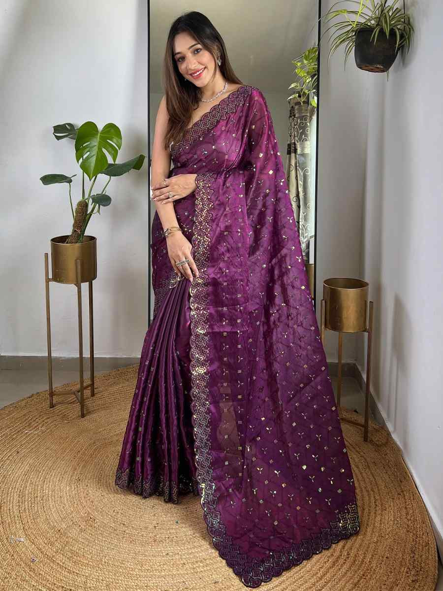 Wine Silk Embroidered Festival Wedding Fancy Heavy Border Saree