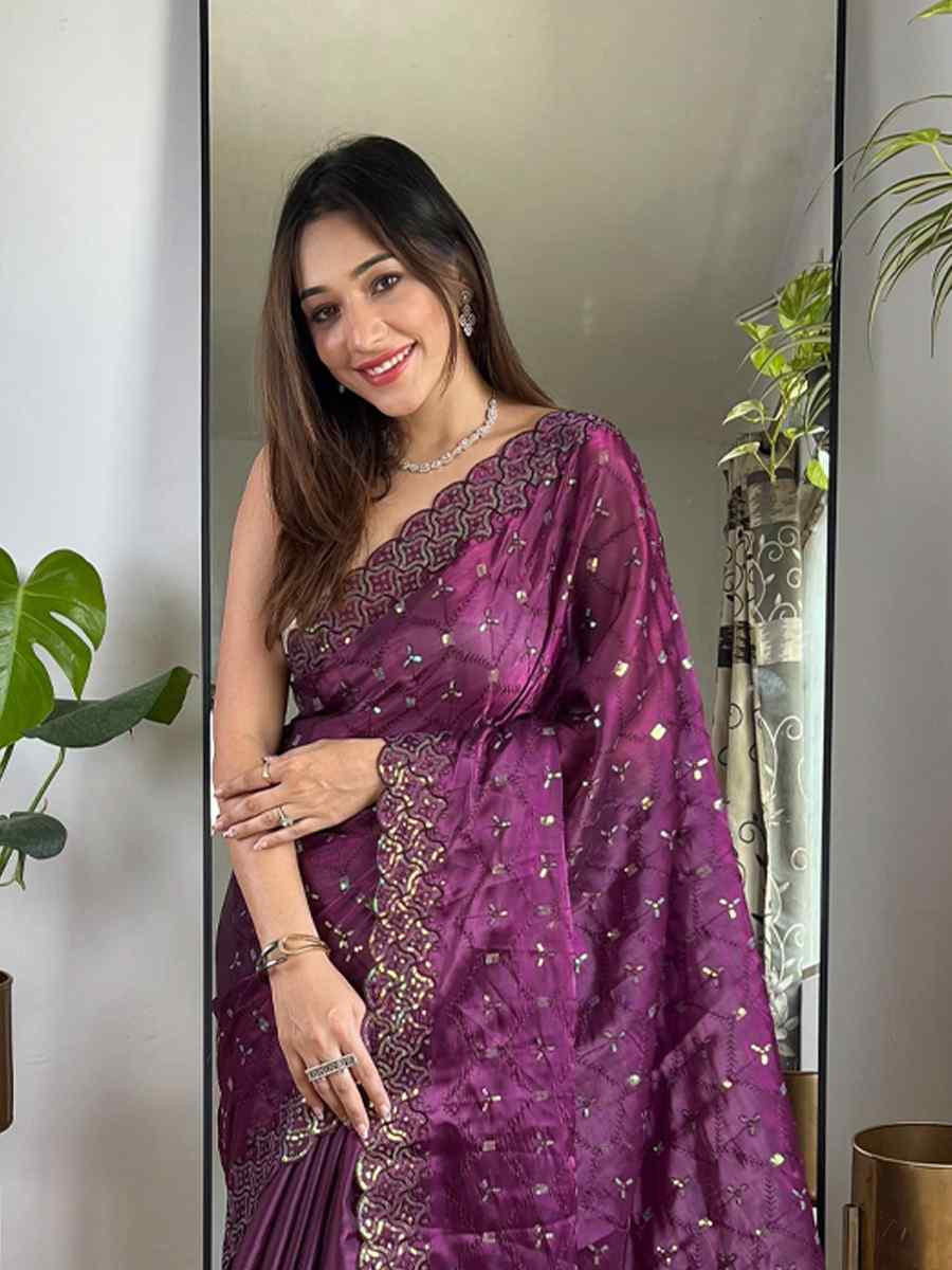 Wine Silk Embroidered Festival Wedding Fancy Heavy Border Saree