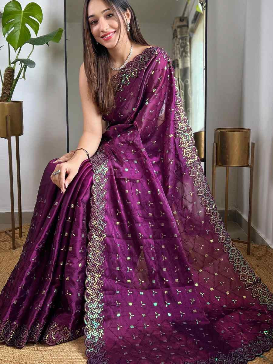 Wine Silk Embroidered Festival Wedding Fancy Heavy Border Saree