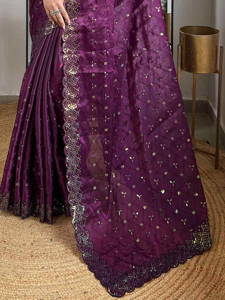 Wine Silk Embroidered Festival Wedding Fancy Heavy Border Saree