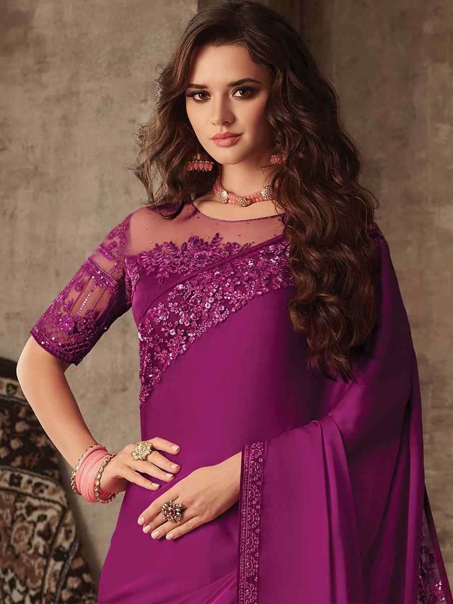 Wine Silk Embroidered Party Festival Classic Style Saree
