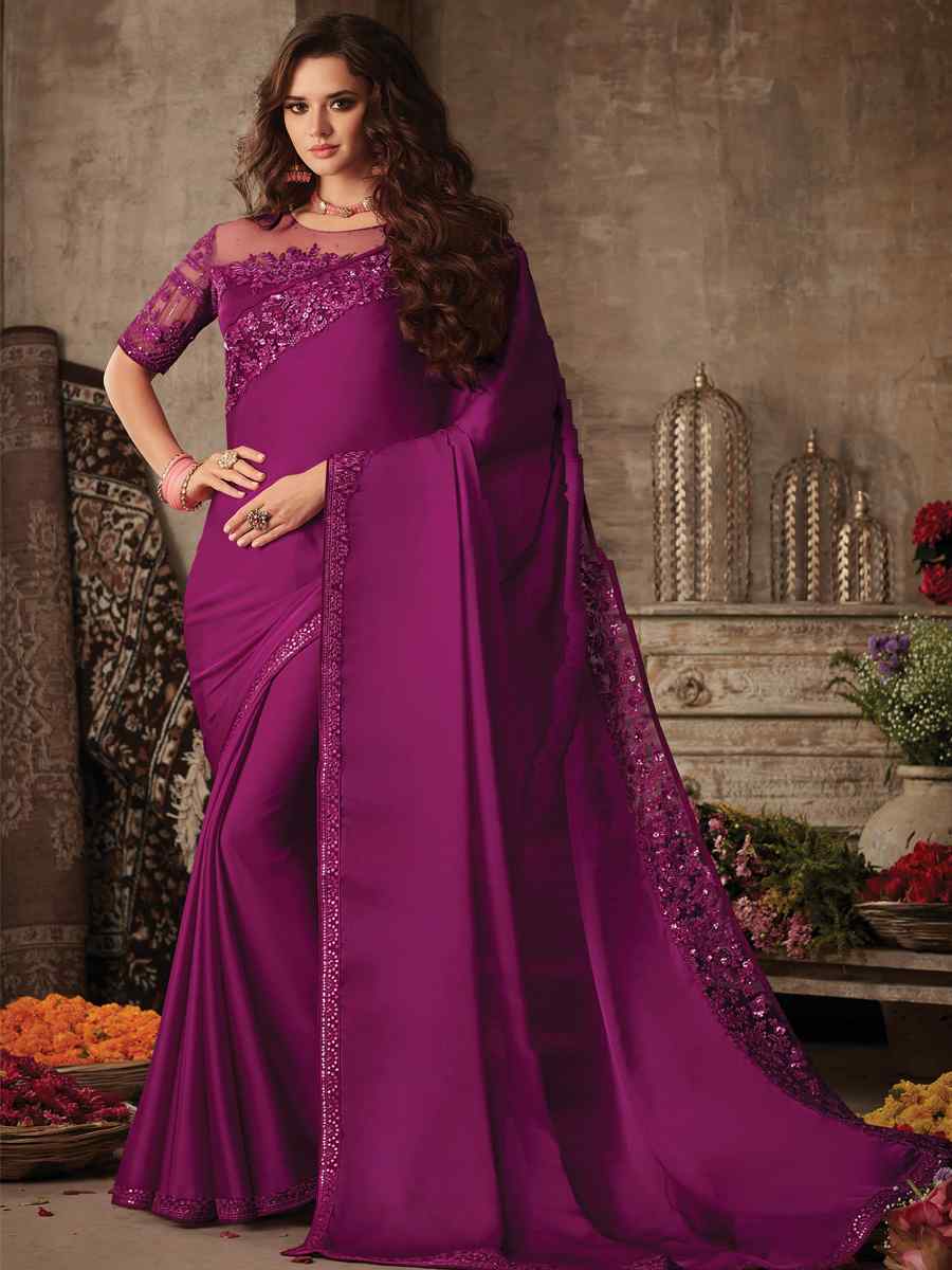 Wine Silk Embroidered Party Festival Classic Style Saree